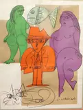Silvia Villagrán, Two Nudes Standing Next to an Orange Man, Mixed media on paper
