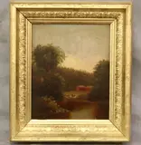 American School, Red Barn by the Lake, Oil on board
