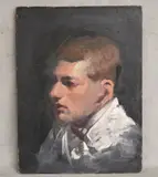 Young Man wearing a White Shirt by American School, Oil on board, sold Sep 2024