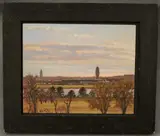 Dulles Airport: Early Morning Evening by American School, Oil on board, sold Sep 2024
