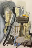 Arthur Cotton Moore, Interior with guitar and tabletop still life, Ink and wash on paper