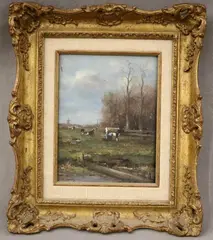 Johan Scherrewitz, Summer Landscape with Cows, Oil on board