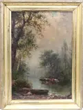 Cows at the Watering Hole by American School, Oil on board, sold Oct 2024