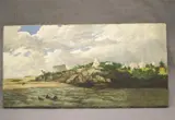 American School, Beach Scene with White Tents, Oil on canvas