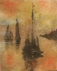 Philip Little, Sailboats by the Harbor, 1915, Pencil signed and dated lower right hand corner