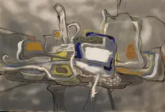 Arthur Cotton Moore, Still Life, Acrylic, airbrush and collage on canvas