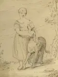 John Gadsby Chapman, Girl with Dog, Sepia ink sketch on paper