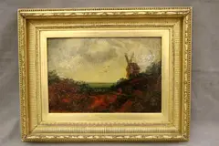 Robert Tonge, Bidston Mill Cheshire, Oil on canvas painting featuring a landscape scene with large mill and distant flying bird details, finished with foliage lined acres