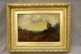 Robert Tonge, Bidston Mill Cheshire, Oil on canvas painting featuring a landscape scene with large mill and distant flying bird details, finished with foliage lined acres