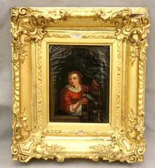 Untitled by Gerrit Dou, Young Woman in a Niche with a Parrot and Cage, 19th century oil on canvas painting, sold Oct 2024