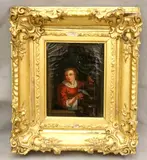 Gerrit Dou, Untitled, Young Woman in a Niche with a Parrot and Cage, 19th century oil on canvas painting
