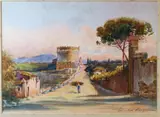 Italian School, Via Appia Antica with a view of the tomb for the noblewoman Caecilia Metella, Watercolor on paper