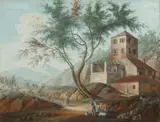 Italian School, Rural Mountain Landscape with Dwelling and Figures, RURAL MOUNTAIN LANDSCAPE WITH DWELLING AND FIGURES, gouache on paper