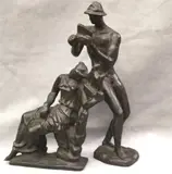 Antonio Pena, Two works: "Young Man with Pan Flute" and "Reclining Lady with Instrument", Dark brown patinated bronze statues
