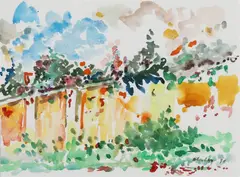 Albert Alcalay, Landscape with Fall Flowers, 1996, Ink signed and dated lower right hand corner