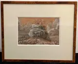 George Loring Brown, "Landscape with Shepherd & Flock", Watercolor with copper tinting on brown paper