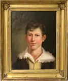 Portrait of a Boy Wearing a Yellow Vest by French School, Oil on board, sold Nov 2024