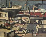 Carlos Llanos, The Busy Port, Oil on board