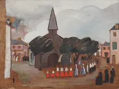 Annie Fish, Untitled, Anne Harriet Fish (1890-1964) Figures outside a church oil on board 31 x 41cm .