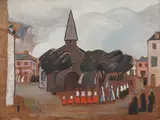Annie Fish, Untitled, Anne Harriet Fish (1890-1964) Figures outside a church oil on board 31 x 41cm .