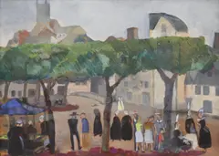 Annie Fish, Untitled, Anne Harriet Fish (1890-1964) A market square oil on board 20.5 x 28cm .