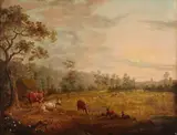 Charles Towne, Cattle grazing in a field with a figure resting in the foreground, oil on canvas