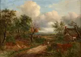 Joseph Thors, A rural landscape with a cottage and figures on a path; also a companion landscape (a pair), both oil on panel