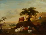 Paulus Potter, Cattle, goats and shepherds resting on a hillside, oil on canvas