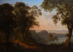 Martin Verstappen, Figures on a lane above a lake in a mountainous landscape, oil on canvas