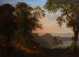 Martin Verstappen, Figures on a lane above a lake in a mountainous landscape, oil on canvas