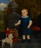 German School, A portrait of a young boy and his toy dog