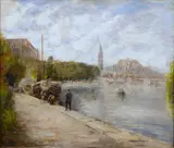 Gabriel, A French river scene with figures on the quay in the foreground, oil on canvas