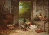 G. Angelvy, Roosters feeding in a coop, oil on panel