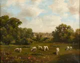 Howard Hulsmann, Sheep grazing in wooded landscape, oil on canvas