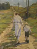 Thorwald Probst, Two figures on a country road, oil on canvas affixed to board