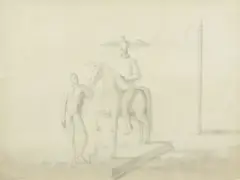 Edgar Ende, Rider and Statue, pencil on paper laid on paper board