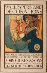 Conrad Heighton Leigh, Wallpapers & Decorations...John Gilkes & Sons, c. 1910, Lithographic poster in colors on wove paper backed with linen