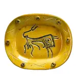 Engraved Bull (A.R. 32) by Pablo Picasso, 1947, Glazed terre de faïence rectangular dish, painted in yellow and brown with yellow glaze, sold Oct 2011