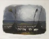 Karl Bodmer, Offering of the Mandan Indians, Pl. XIV, from Travels in the Interior of North America, 1839, Etching ad aquatint with handcoloring on wove paper
