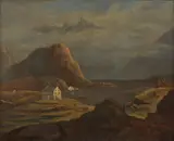 Continental School, A rocky coastal view with figures and horses on the cliffs, oil on panel