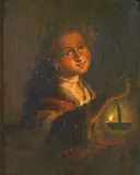 Godfried Schalcken, A portrait of a girl with a lamp, oil on panel