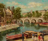 J. Valois, A view along the Seine near Notre Dame, oil on canvas