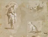 Parmigianino, Three drawings framed as one, ink and wash on paper heightened with white