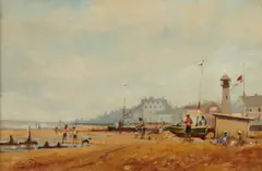 Roy Petley, A beach scene; also two paintings by a different hand (a group of three), first signed 'Roy Petley' (lower left) second and third signed 'John Harwood' (lower left)