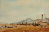 Roy Petley, A beach scene; also two paintings by a different hand (a group of three), first signed 'Roy Petley' (lower left) second and third signed 'John Harwood' (lower left)