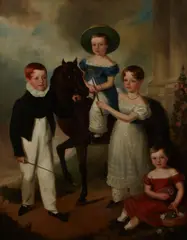 English School, A portrait of four children and a pony, oil on canvas