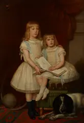 Frans De Wilde, A portrait of two young girls with a spaniel, oil on canvas