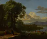 A pastoral landscape with figures and cattle by a lake by Continental School, oil on canvas, sold Sep 2011