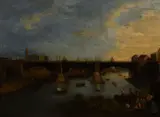 A bridge spanning a river with a group of figures in the foreground by Italian School, oil on canvas, sold Sep 2011