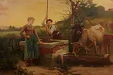 Continental School, Figures and cattle at a well, oil on canvas